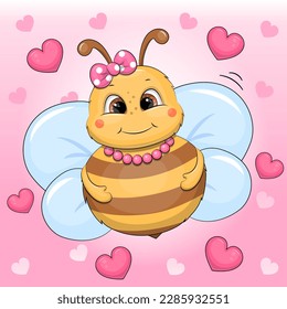 Cute cartoon bee with hair bow and necklace. Vector illustration of an insect on a pink background with hearts.