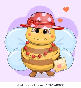 A cute cartoon bee in a hat and necklace holds a shopping bag.