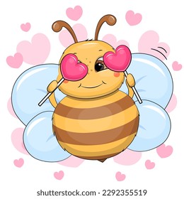 Cute cartoon bee with heart shaped candies. Vector illustration of an insect on a white background with pink hearts.