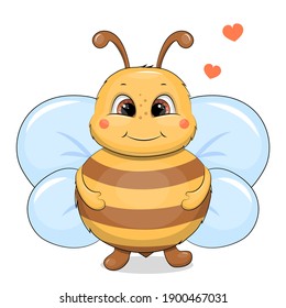 Cute cartoon bee with hearts. Vector illustration of insect isolated on white.