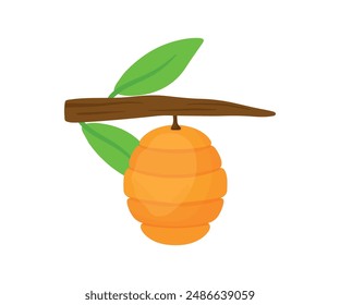 Cute cartoon bee hive hanging on a tree branch with leaves in vector illustration isolated on transparent background