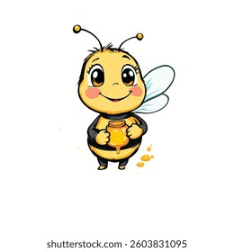 Cute cartoon bee holding a honey jar.