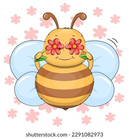 Cute cartoon bee holding two flowers. Vector illustration of an animal on a white background with flowers.