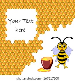 A cute cartoon bee with a honey pot surrounded by honeycombs. Background for your text. Vector-art illustration