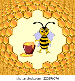 A cute cartoon bee with a honey pot surrounded by honeycombs. Vector-art illustration