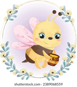 Cute Cartoon Bee with honey vector watercolor