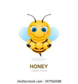 Cute cartoon bee with honeycombs, isolated vector illustration. Honey logo, icon or label design elements. Little smiling bee.