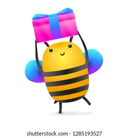 Cute cartoon bee illustration. Blue wings, bee, gift. Cartoon concept. Vector illustration can be used for topics like kids, cartoons, advertisement