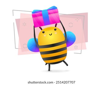 Cute cartoon bee illustration. Blue wings, bee, gift. Present concept. Vector illustration can be used for topics like celebration, gift, advertisement