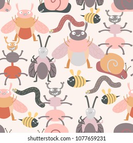 Cute cartoon bee or insect seamless pattern in pink pastel colorful background,illustration vector by freehand drawing comic art