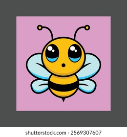 A cute cartoon bee with large eyes and a happy expression on a pink background