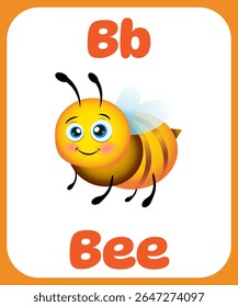 Cute cartoon bee with letter B. Learning card alphabet. Letter B. Cute cartoon illustrations.