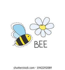 Cute cartoon bee with lettering and chamomile isolated on white background. Beautiful bees life concept for printing, packaging, nectar, honey, textiles and other purposes. Vector illustration