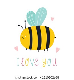 Cute cartoon bee with lettering I love you. Vector flat illustration. Great design element for sticker, patch or poster. 