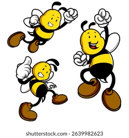 Cute Cartoon Bee Mascot Set, Happy Flying Bees in Vector Style