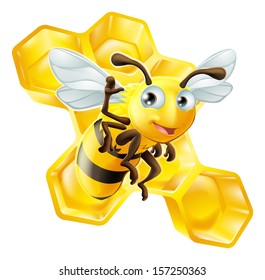 A cute cartoon bee mascot waving in front of honey comb