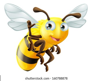 A cute cartoon bee mascot waving