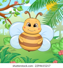 Cute cartoon bee in nature. Vector illustration of animal in the garden with trees, flowers, leaves and sun.