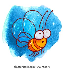 Cute cartoon bee on watercolor background