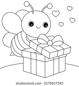 Cute cartoon bee open the gift box coloring page for kids