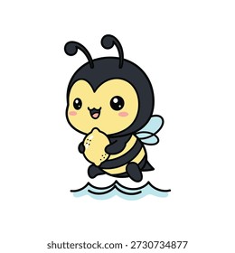 Süße Cartoon-Biene mit Pollen Ball auf Wasser Oberfläche gelb schwarz