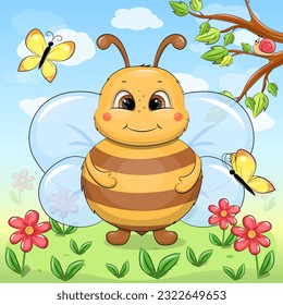 Cute cartoon bee with red flowers, yellow butterflies, tree, blue sky and white clouds. Vector illustration of insects in nature.