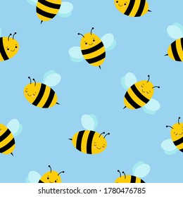 Cute Cartoon Bee seamless pattern on blue background. Kawaii style