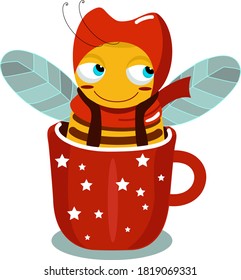 Cute cartoon bee is sitting in a Cup. Funny character is wearing red hat, lives in red mug. Colorful vector illustration isolated on white background