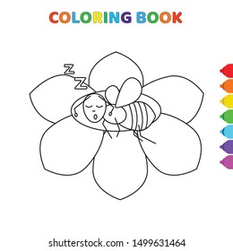 cute cartoon bee sleeping on flower coloring book for kids. black and white vector illustration for coloring book. bee sleeping on flower concept hand drawn illustration
