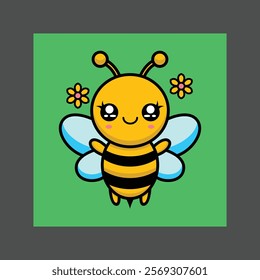 A cute cartoon bee with a smiling face, large eyes, and antennae, against a green background