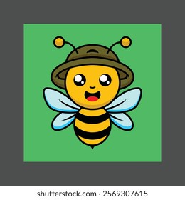 A cute cartoon bee with a smiling face, wearing a green hat, against a green background