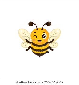 A cute cartoon bee with a smiling face, winking eye, and blushing cheeks, featuring yellow and black stripes, translucent wings, and playful antennae, isolated on a white background. 