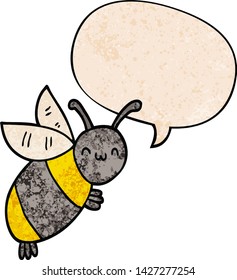 linda abeja de dibujos animados con burbuja de voz en estilo de textura retro