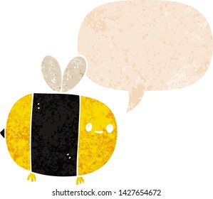 abelha de desenho animado bonito com balão de fala no grunge angustiado estilo texturizado retro
