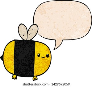 linda abeja de dibujos animados con burbuja de voz en estilo de textura retro