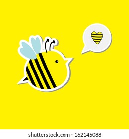 Cute cartoon bee and speech bubble with heart. Card. Vector illustration