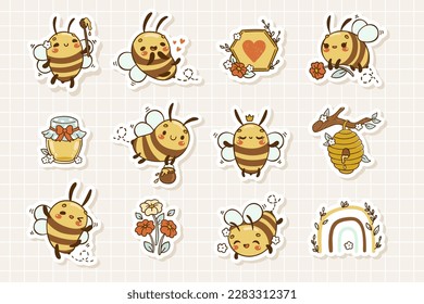 Cute cartoon bee stickers collection in hand drawn style. Perfect for card, pin, textile	