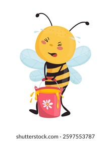  Cute cartoon bee struggling to carry a honey bucket with dripping honey. Bright and cheerful illustration for kids.