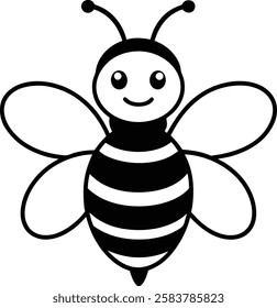 Cute cartoon bee vector illustration. Black and white coloring page.