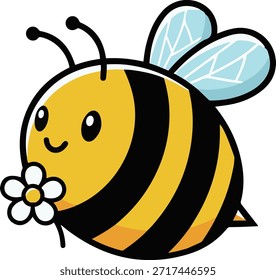 Ilustração de vetor de abelha de desenho animado bonito. Um personagem feliz e redondo de mamangava segurando uma pequena flor branca, com contornos arrojados, listras amarelas e pretas e asas azuis claras.