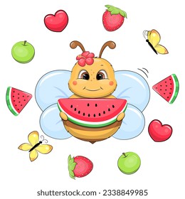 Cute cartoon bee with watermelon in a fruit frame. Summer insect vector illustration with apple, strawberry, watermelon, butterfly and heart on white background.