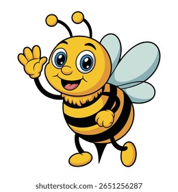 Abeja linda de la historieta que saluda con una sonrisa amistosa