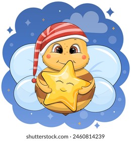 Cute cartoon bee wearing a nightcap and holding a yellow star. Night vector illustration on a blue background.