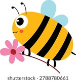 Cute cartoon bee with yellow stripes and light blue wings. It holds a pink flower with a red center. Its big eyes and smile convey friendliness