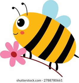Cute cartoon bee with yellow stripes and light blue wings. It holds a pink flower with a red center. Its big eyes and smile convey friendliness