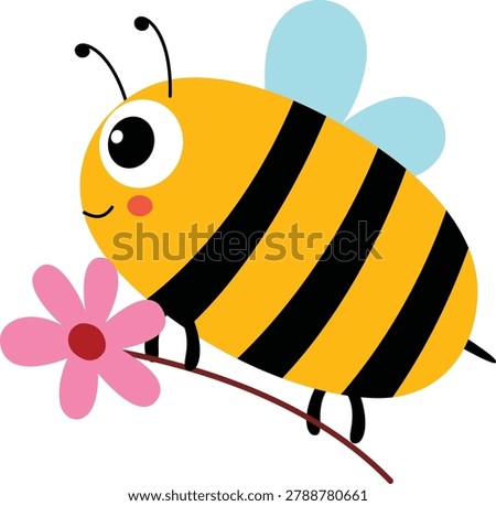 Cute cartoon bee with yellow stripes and light blue wings. It holds a pink flower with a red center. Its big eyes and smile convey friendliness