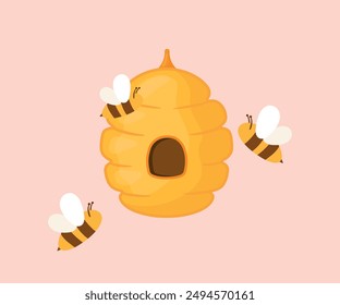 Cute cartoon beehive with flat flaying bee drawing in vector illustration isolated