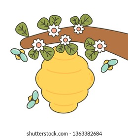 cute cartoon bees and beehive vector illustration