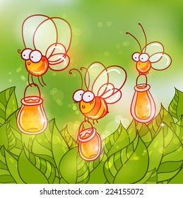 Cute cartoon bees with buckets of honey