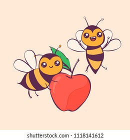 Cute cartoon bees carry an apple, vector illustration